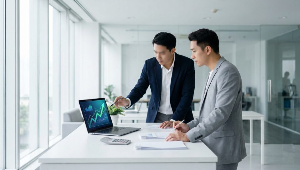 Deux professionnels analysant des graphiques de croissance sur un ordinateur portable dans un bureau moderne.