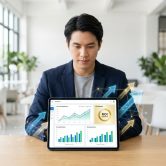 Un homme en costume examinant des graphiques de performance financière et de croissance sur une tablette tactile.