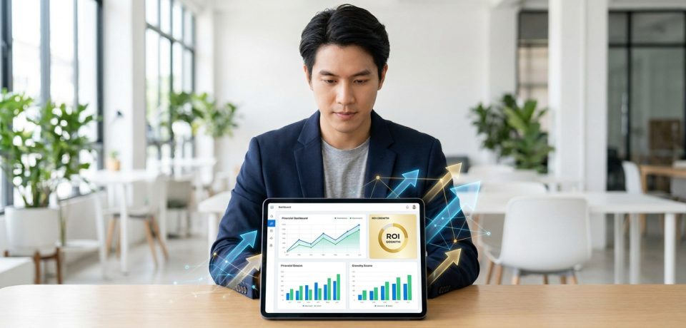 Un homme en costume examinant des graphiques de performance financière et de croissance sur une tablette tactile.