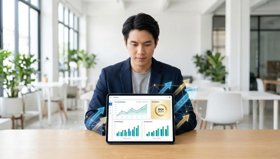 Un homme en costume examinant des graphiques de performance financière et de croissance sur une tablette tactile.