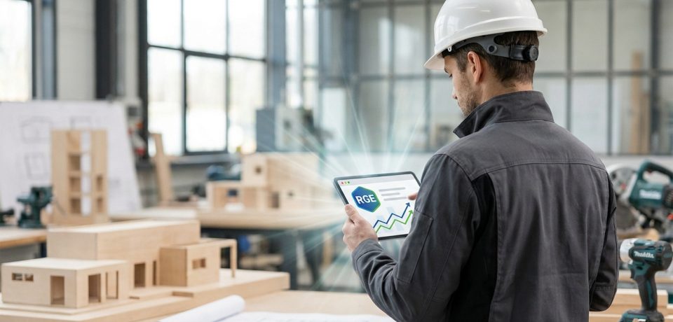 Un artisan en casque de chantier utilisant une tablette avec un graphique de croissance et le logo RGE.