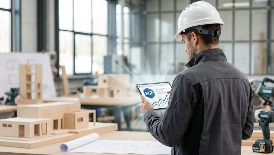 Un artisan en casque de chantier utilisant une tablette avec un graphique de croissance et le logo RGE.