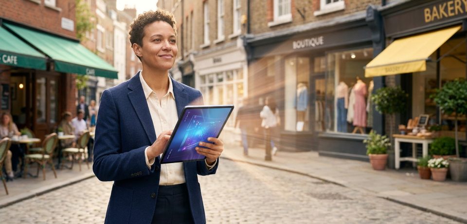 Une femme d'affaires utilisant une tablette numérique avec des effets lumineux dans une rue commerçante.