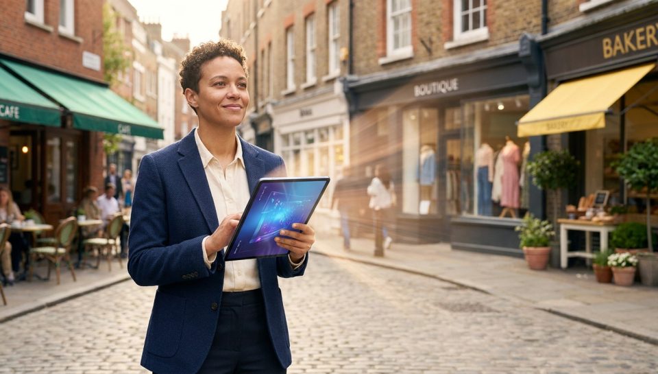 Une femme d'affaires utilisant une tablette numérique avec des effets lumineux dans une rue commerçante.