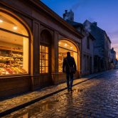 Un homme marche devant une boulangerie éclairée avec une vitrine remplie de pains et viennoiseries, dans une rue pavée.