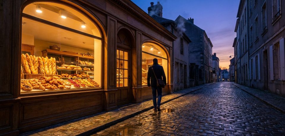 Un homme marche devant une boulangerie éclairée avec une vitrine remplie de pains et viennoiseries, dans une rue pavée.