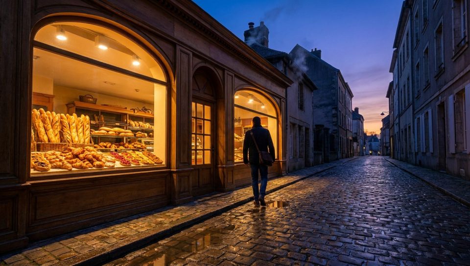 Un homme marche devant une boulangerie éclairée avec une vitrine remplie de pains et viennoiseries, dans une rue pavée.