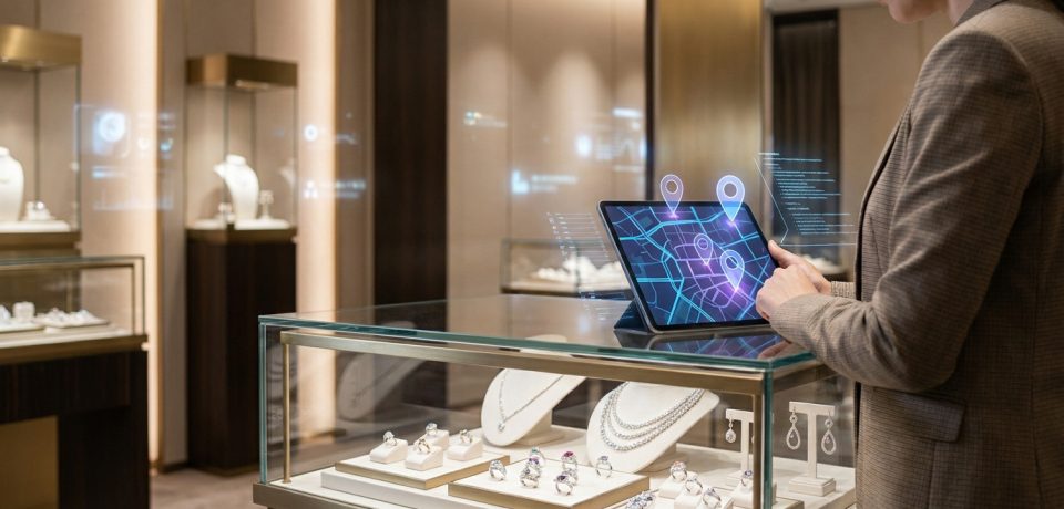 Gérante de bijouterie utilisant une tablette tactile avec une carte interactive pour optimiser sa stratégie locale.