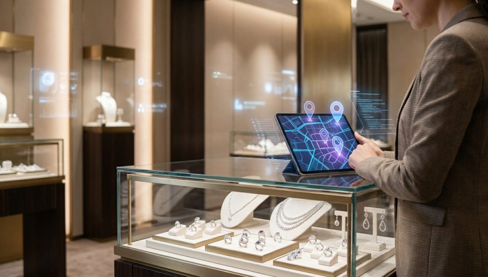Gérante de bijouterie utilisant une tablette tactile avec une carte interactive pour optimiser sa stratégie locale.