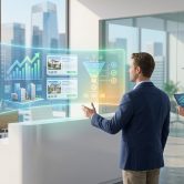 Agent immobilier utilisant une interface holographique pour analyser des données de marché dans un bureau moderne.