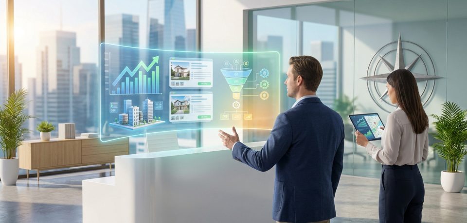 Agent immobilier utilisant une interface holographique pour analyser des données de marché dans un bureau moderne.