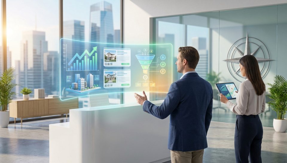Agent immobilier utilisant une interface holographique pour analyser des données de marché dans un bureau moderne.