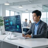 Un expert-comptable travaillant sur un ordinateur affichant des données de cybersécurité dans un bureau moderne.