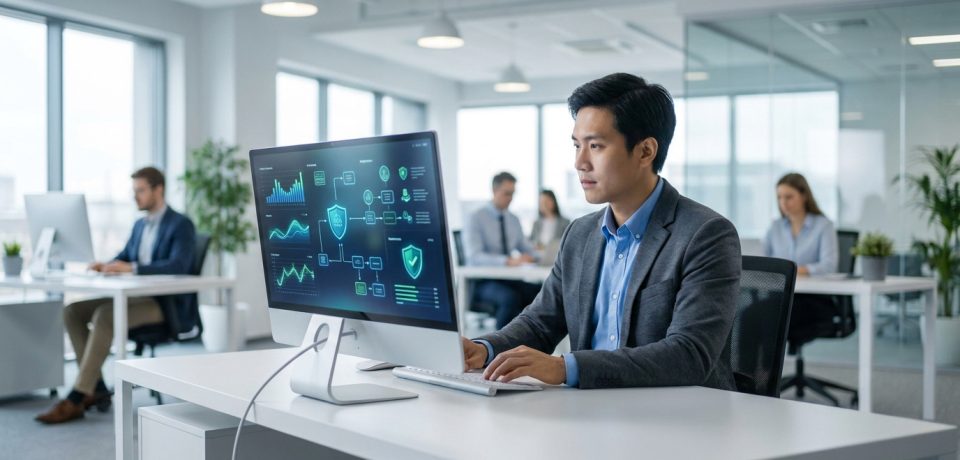 Un expert-comptable travaillant sur un ordinateur affichant des données de cybersécurité dans un bureau moderne.