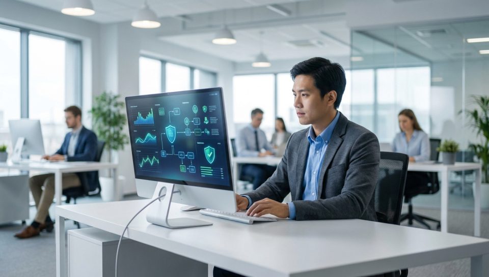 Un expert-comptable travaillant sur un ordinateur affichant des données de cybersécurité dans un bureau moderne.