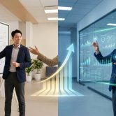 Comparaison entre planification sur tableau blanc et analyse de données marketing sur interface numérique futuriste.