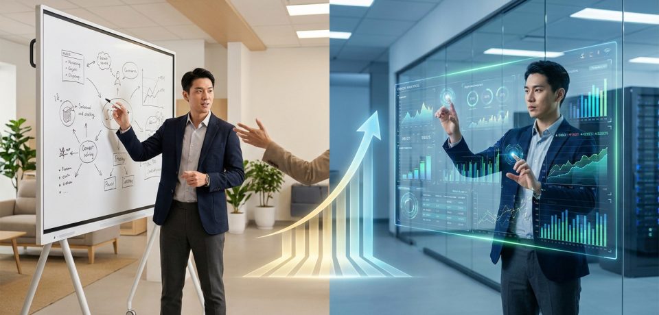 Comparaison entre planification sur tableau blanc et analyse de données marketing sur interface numérique futuriste.