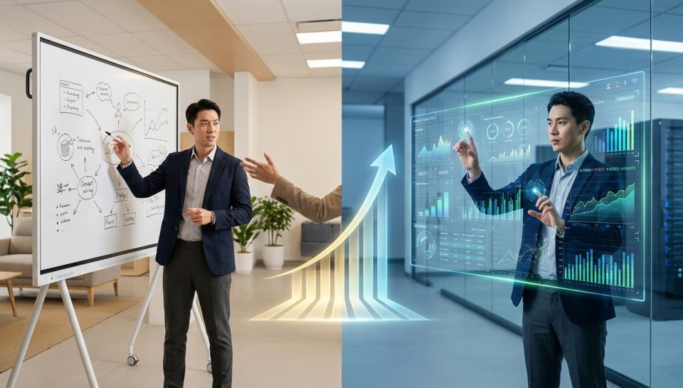 Comparaison entre planification sur tableau blanc et analyse de données marketing sur interface numérique futuriste.