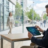 Un professionnel utilise une tablette avec une icône de recherche numérique devant une clinique de bien-être.