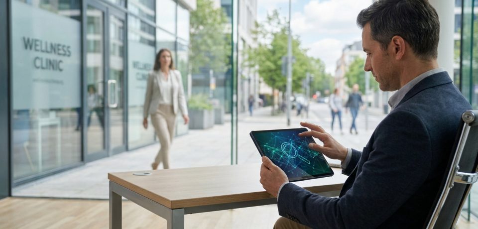 Un professionnel utilise une tablette avec une icône de recherche numérique devant une clinique de bien-être.