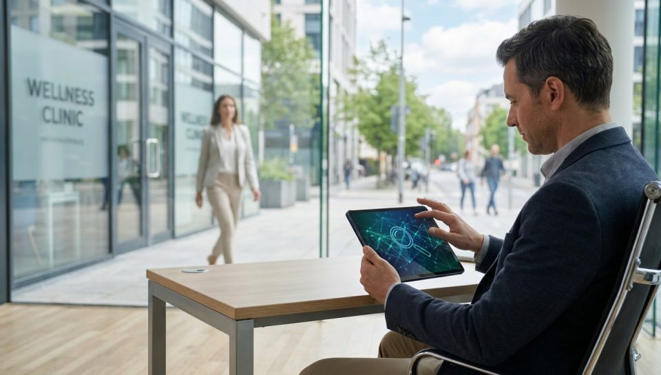 Un professionnel utilise une tablette avec une icône de recherche numérique devant une clinique de bien-être.