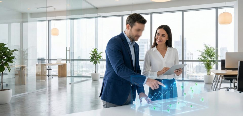 Professionnels analysant une carte du monde numérique avec des données de croissance dans un bureau moderne.