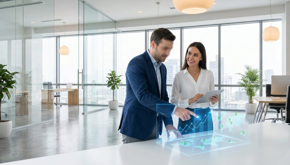 Professionnels analysant une carte du monde numérique avec des données de croissance dans un bureau moderne.