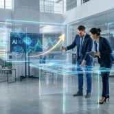 Deux professionnels analysent des données marketing sur une table tactile holographique dans un bureau moderne.