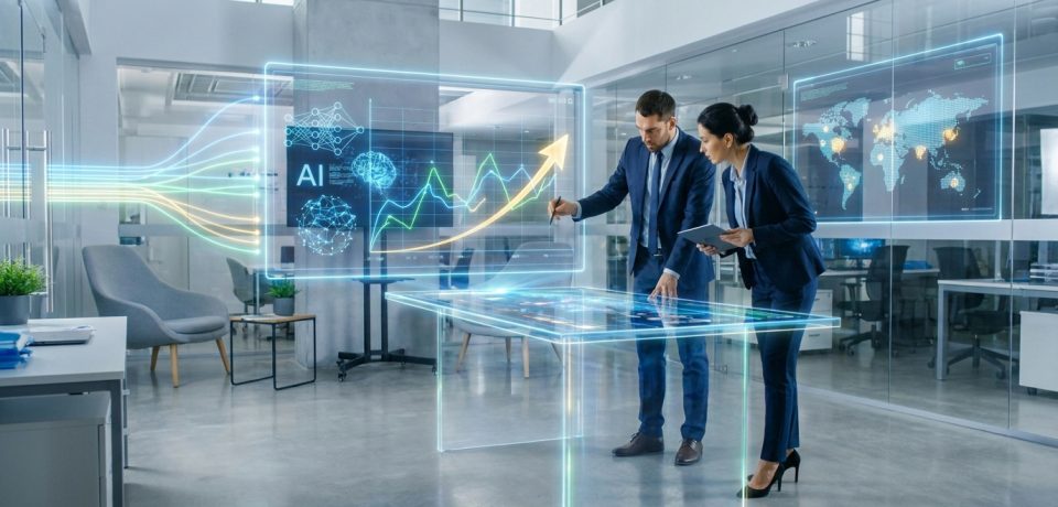 Deux professionnels analysent des données marketing sur une table tactile holographique dans un bureau moderne.