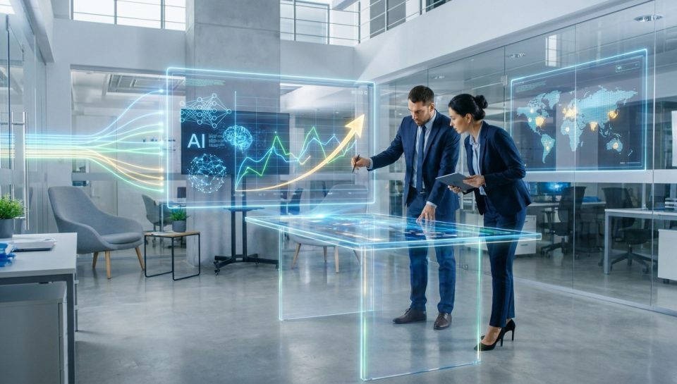 Deux professionnels analysent des données marketing sur une table tactile holographique dans un bureau moderne.