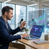 Un consultant en costume utilise un ordinateur avec une interface numérique holographique affichant des données et graphiques.