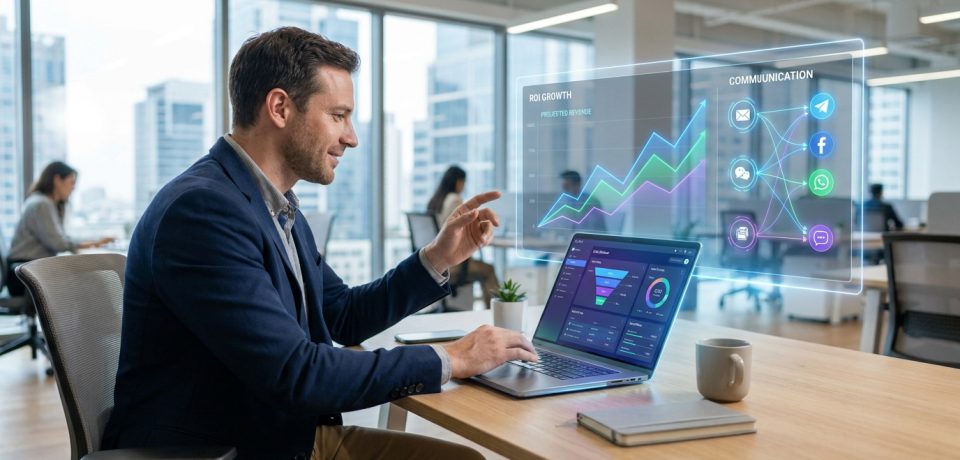 Un consultant en costume utilise un ordinateur avec une interface numérique holographique affichant des données et graphiques.