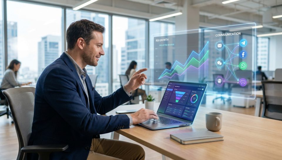 Un consultant en costume utilise un ordinateur avec une interface numérique holographique affichant des données et graphiques.