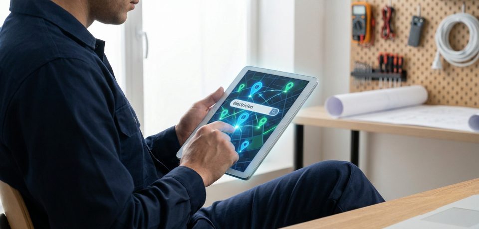 Un électricien utilise une tablette pour rechercher des chantiers sur une carte interactive.