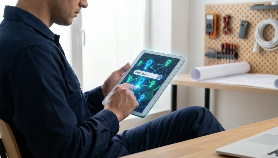 Un électricien utilise une tablette pour rechercher des chantiers sur une carte interactive.