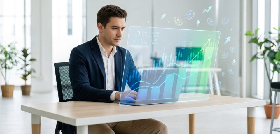 Un entrepreneur travaillant sur un ordinateur portable affichant des graphiques de croissance financière en réalité augmentée.
