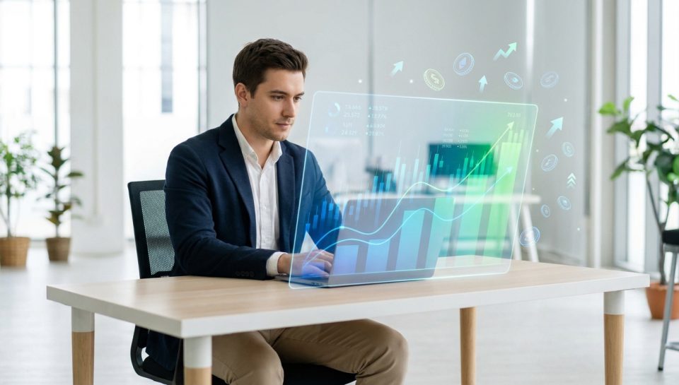 Un entrepreneur travaillant sur un ordinateur portable affichant des graphiques de croissance financière en réalité augmentée.