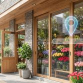 Devanture d'une fleuristerie avec une icône de géolocalisation et une barre de recherche numérique.