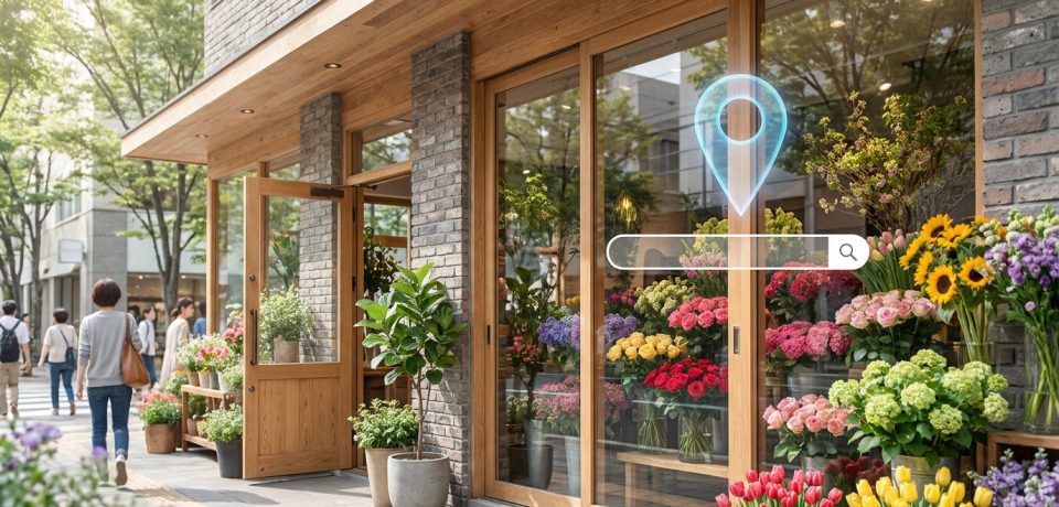 Devanture d'une fleuristerie avec une icône de géolocalisation et une barre de recherche numérique.