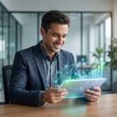 Un avocat souriant regarde une tablette affichant un graphique de croissance numérique holographique au bureau.