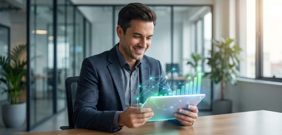 Un avocat souriant regarde une tablette affichant un graphique de croissance numérique holographique au bureau.