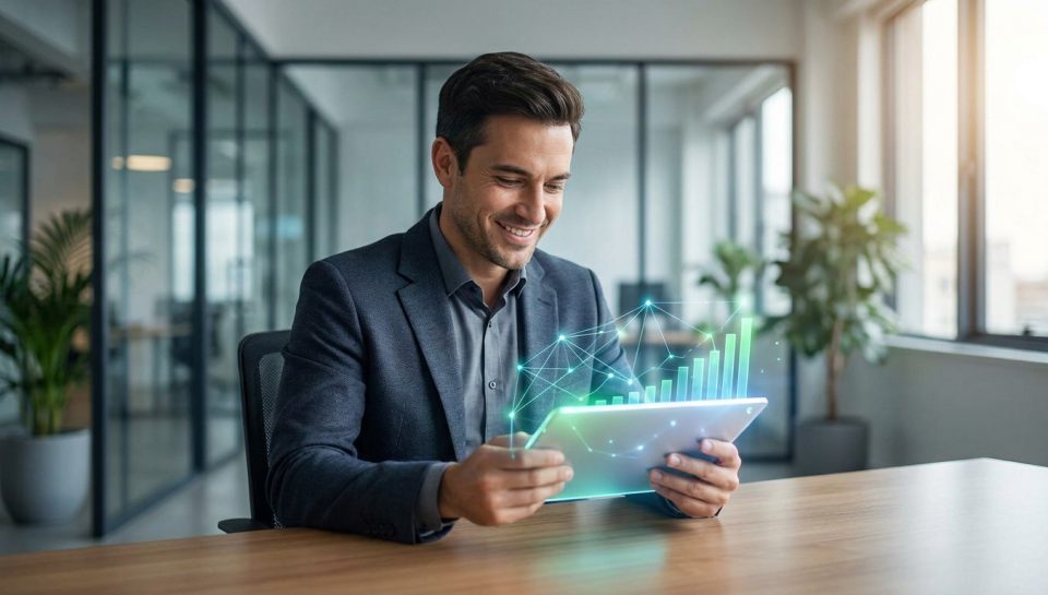 Un avocat souriant regarde une tablette affichant un graphique de croissance numérique holographique au bureau.