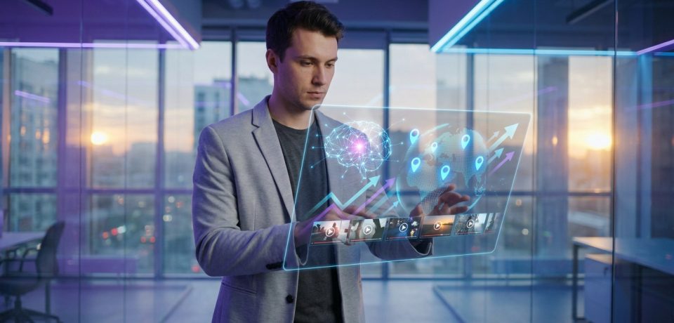 Un homme d'affaires utilisant une interface holographique futuriste affichant des données d'IA et de marketing.