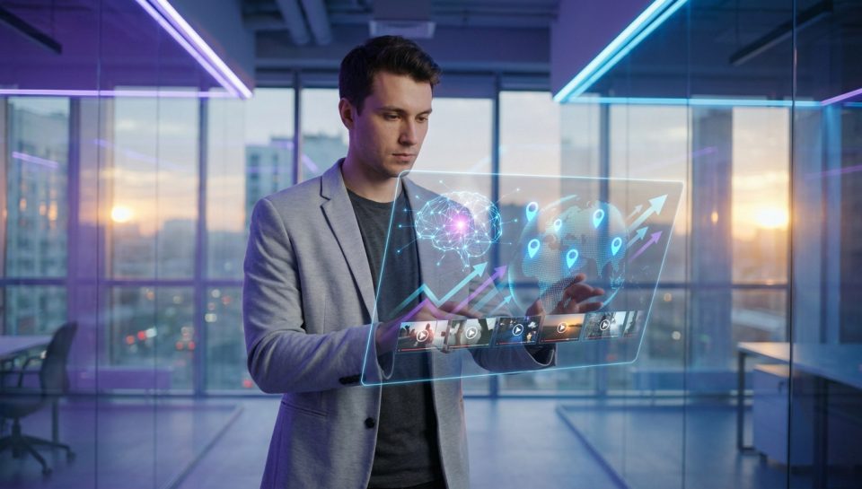 Un homme d'affaires utilisant une interface holographique futuriste affichant des données d'IA et de marketing.
