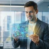 Un professionnel utilisant une interface holographique pour optimiser le référencement local.
