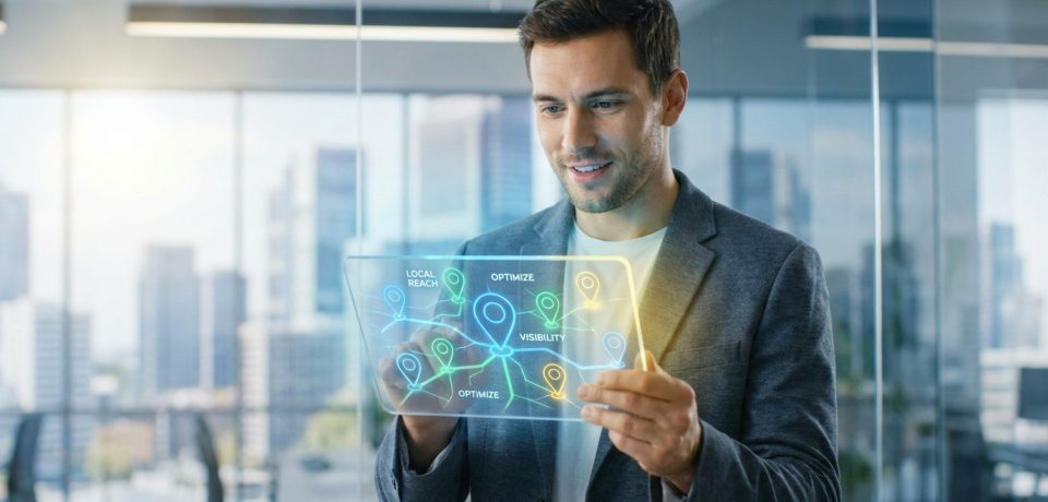 Un professionnel utilisant une interface holographique pour optimiser le référencement local.