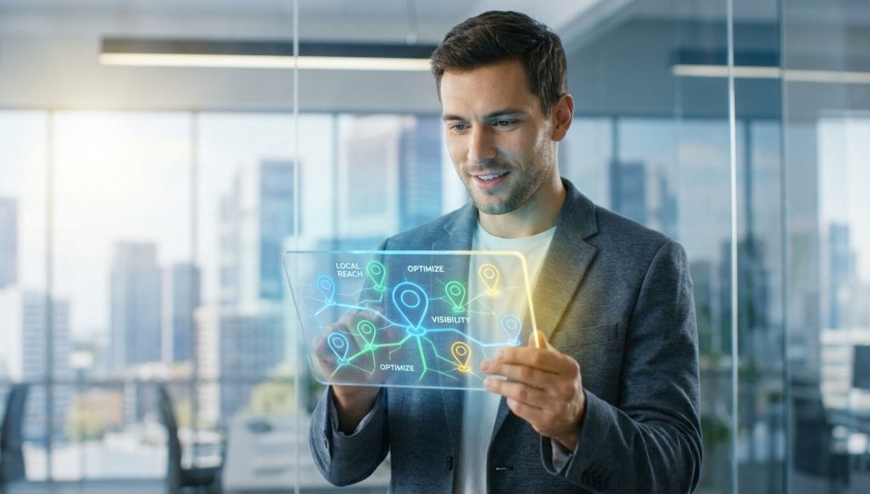 Un professionnel utilisant une interface holographique pour optimiser le référencement local.