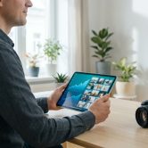 Photographe analysant des graphiques de performance et des photos sur une tablette dans un bureau lumineux.