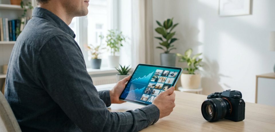 Photographe analysant des graphiques de performance et des photos sur une tablette dans un bureau lumineux.