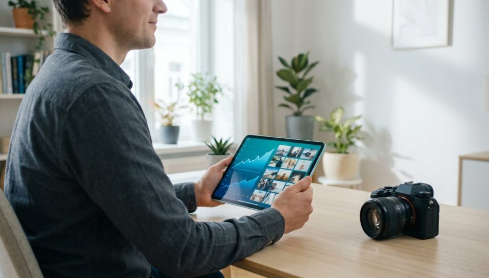Photographe analysant des graphiques de performance et des photos sur une tablette dans un bureau lumineux.